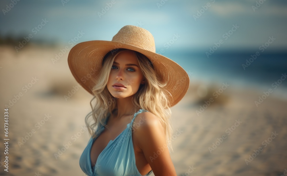 Blonde woman in straw hat on sand beach