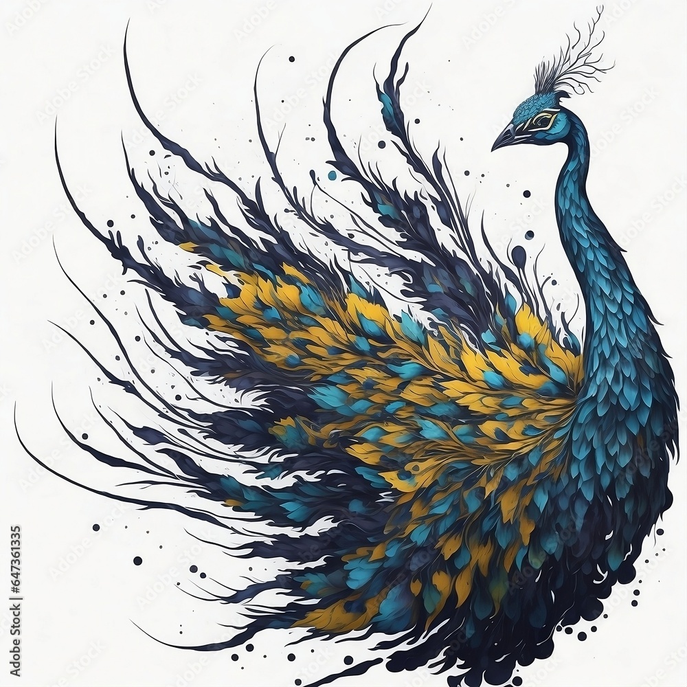 Abstract Peacock Illustration in Blues and Yellow - AI Generated