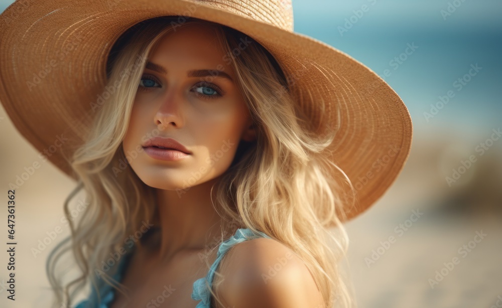 Blonde woman in straw hat on sand beach