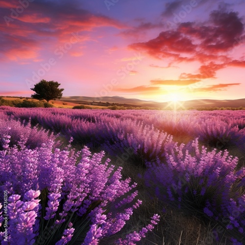 a calming lavender field at sunset with rows of purple flowers
