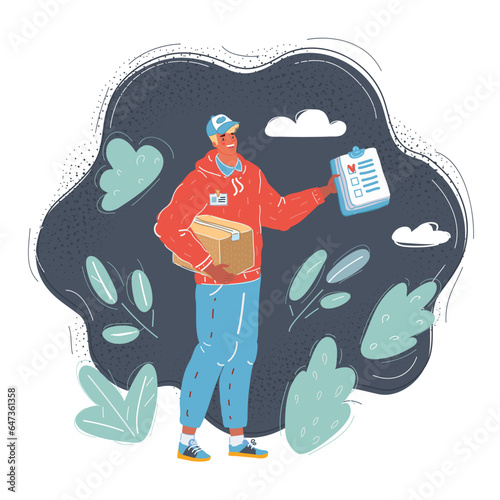 Vector illustration of handsome young delivery man is delivering a package on dark background.