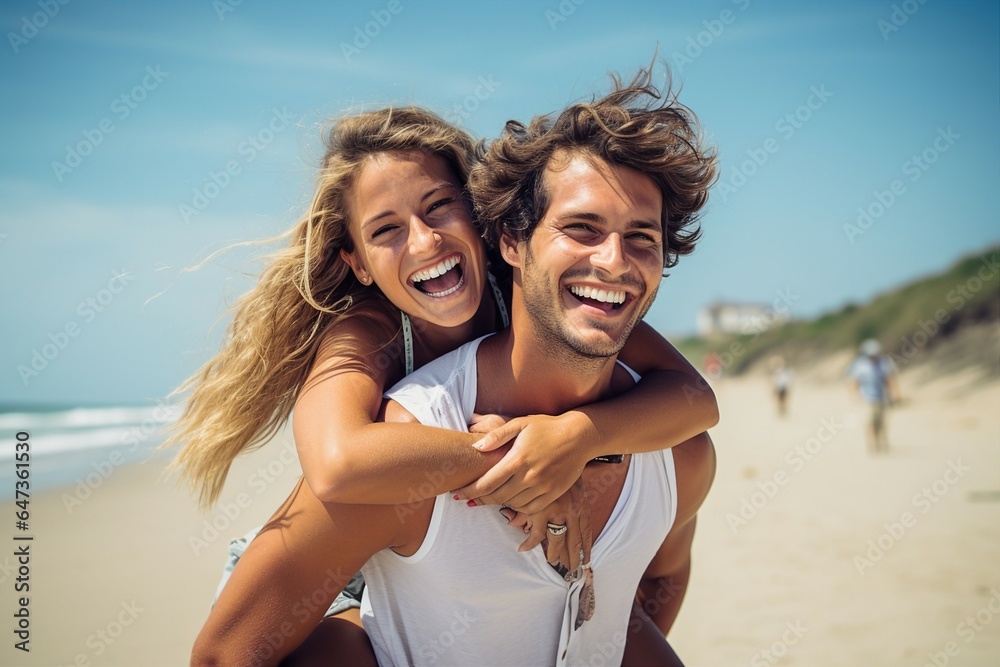 A couple in summertime shares a playful piggyback ride at the beach.
