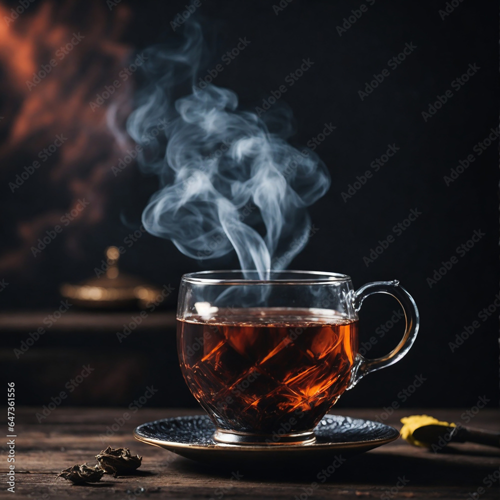 A cup of hot tea with smoke coming out, on wooden table A cup of hot tea with smoke coming out, on wooden table