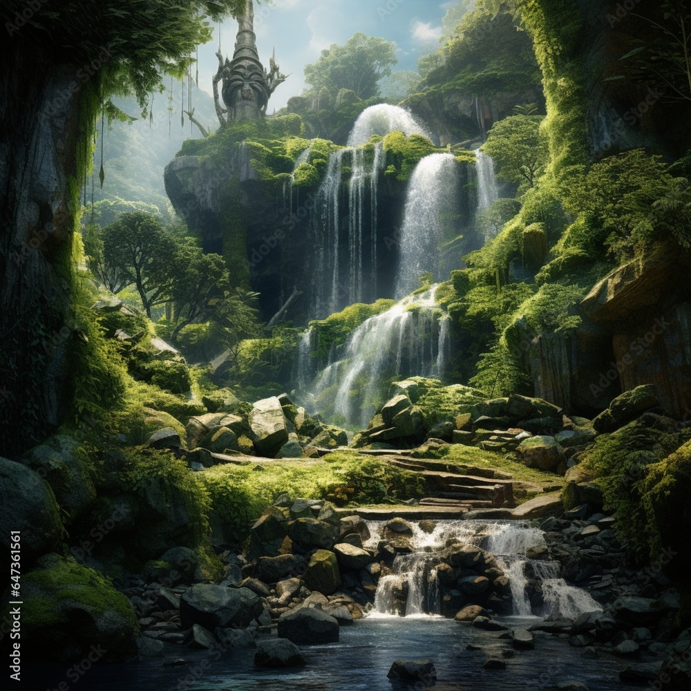 a cascading waterfall surrounded by lush greenery and moss-covered rocks