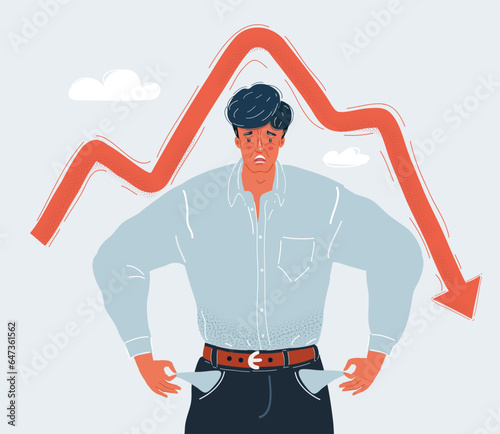 Vector illustration of businessman showing his empty pocket, turning his pocket inside out, no money concept. Уconomy is fallingю Character on white background