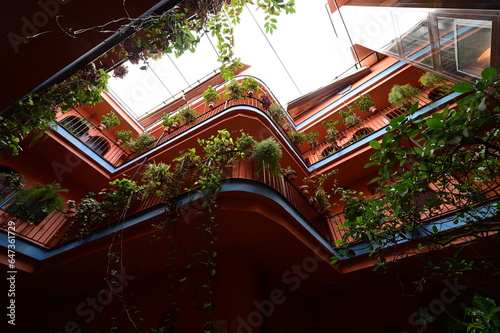 A courtyard of a hotel in Spain adorned with plants. 