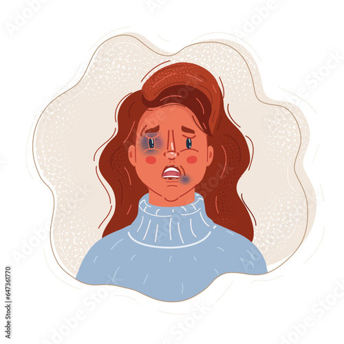 Vector illustration of Battered woman with Injuries, bruises and abrasions on the face. Victim and aggressor, domestic violence problem concept.