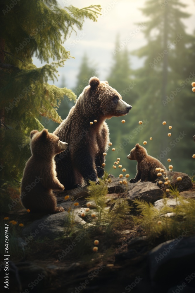 Mother Bear and Cubs in Tender Moments - AI Generated