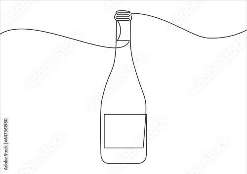 Wine bottle and drawing with one continuous line. One continuous line of a bottle and wine glass. Vector illustration.