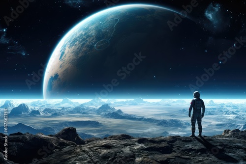 An Astronaut standing on the moon looking at a large earth