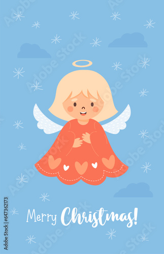 Little Christmas angel girl. Merry Christmas postcard in cartoon style. Vector vertical illustration. Cute new year kids collection, holiday design, decor.