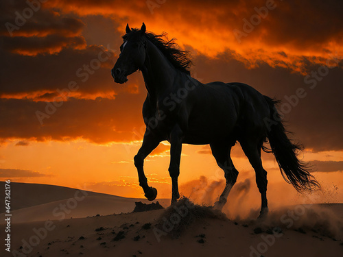 A black color horse in the desert at sunset