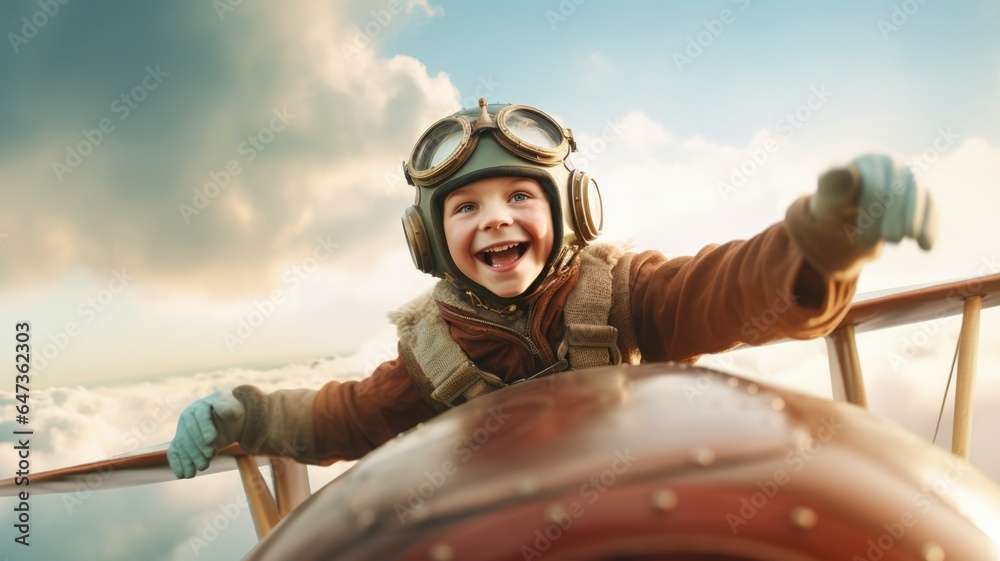 Aviator boy, excited, flying above clouds in the sky. Generative AI image weber.
