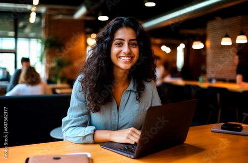 Smiling Latina brunette architect making a work call with a laptop from a coffee shop. AI Generated