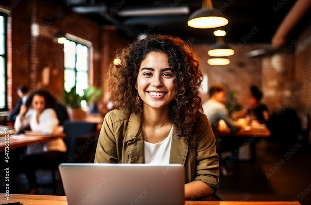 Fototapeta premium Smiling Latina brunette architect making a work call with a laptop from a coffee shop. AI Generated
