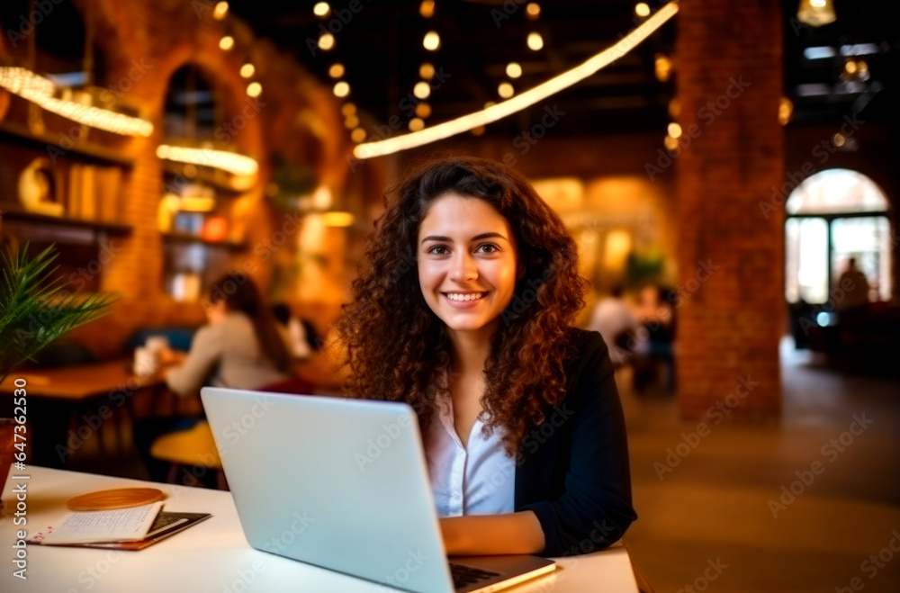 Smiling Latina brunette architect making a work call with a laptop from a coffee shop. AI Generated Smiling Latina brunette architect making a work call with a laptop from a coffee shop. AI Generated