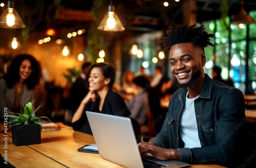 Portrait of a smiling black businessman with laptop at cafe. AI Generated Portrait of a smiling black businessman with laptop at cafe. AI Generated