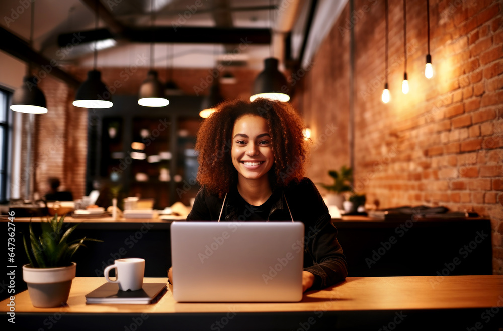 Happy Black student girl in wireless earphones attending virtual webinar, learning conference, waving hello at laptop webcam. AI Generated Happy Black student girl in wireless earphones attending virtual webinar, learning conference, waving hello at laptop webcam. AI Generated