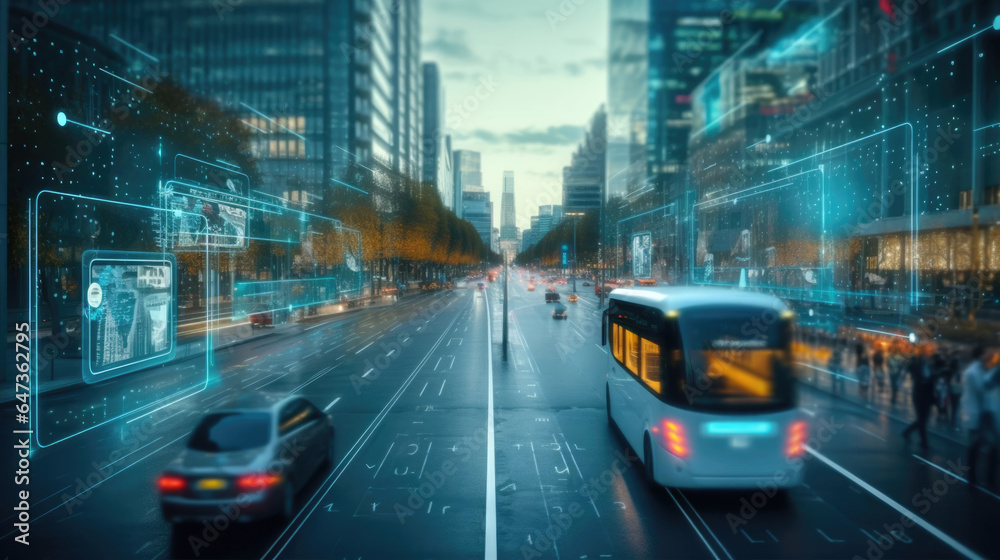 A smart city transportation system with self-driving buses and integrated traffic management for efficient commuting - obrazy, fototapety, plakaty 