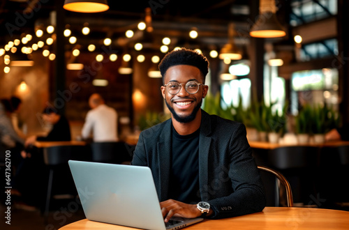 Portrait of a smiling black businessman with laptop at cafe. AI Generated