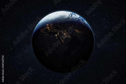 Fototapeta Naklejka Na Ścianę i Meble -  Beautiful blue planet earth with night city lights. Europe and Africa at night viewed from space with city lights showing human activity in Germany, Poland, Italy, Egypt, Spain and other countries.