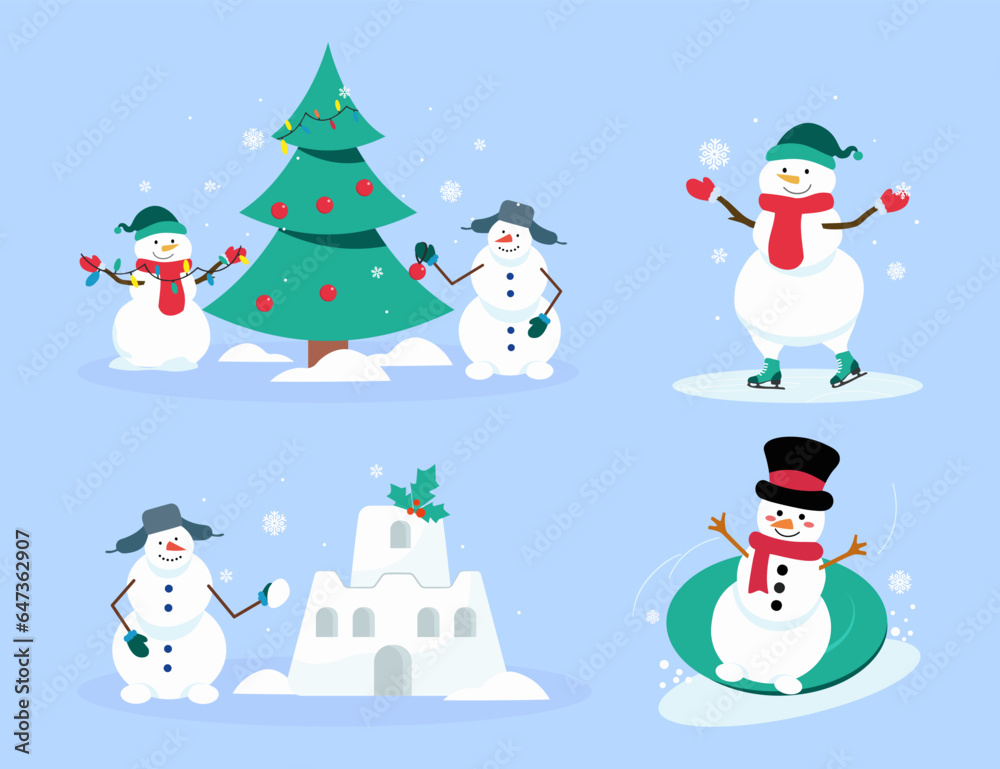 Snowmen doing fun winter activities vector illustrations set. Collection of drawings of snowman characters decorating Christmas tree, skating. Christmas, winter holidays, leisure concept