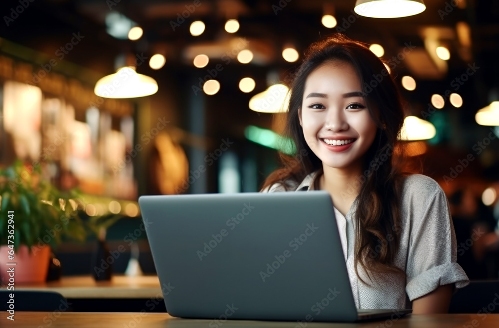 Young asian woman, digital nomad working remotely from a cafe, drinking coffee and using laptop, smiling. AI Generated Young asian woman, digital nomad working remotely from a cafe, drinking coffee and using laptop, smiling. AI Generated