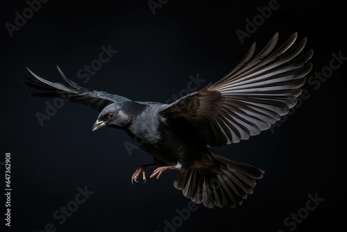 Black bird flying on solid black background