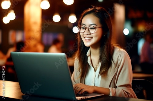 Young asian woman, digital nomad working remotely from a cafe, drinking coffee and using laptop, smiling. AI Generated