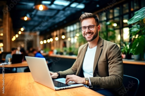 Portrait of cheerful male it professional working remotely with modern laptop device sitting at table and smiling at camera during break. AI Generated © millenius