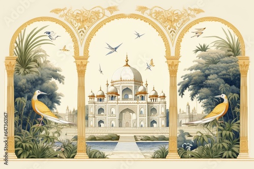 Illustration of Indian Mughal architecture with arch, dome, garden, peacock, and parrot plant. Generative AI