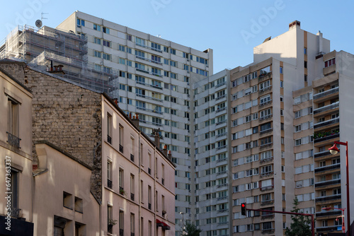 Old and Modern architecture in Paris suburb.Le Pr  -Saint-Gervais city 