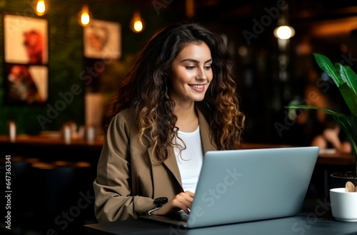 Young woman sitting on online meeting in outdoor cafe, talking to laptop camera, explaining something, drinking coffee. AI Generated