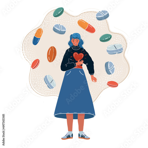Vector illustration of woman with chest pain. Medicine pills around