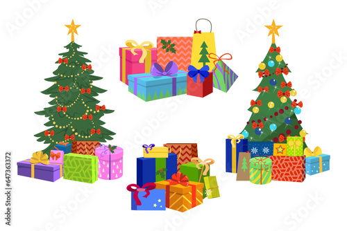 Christmas trees and piles of gift boxes vector illustrations set. Collection of cartoon drawings of colorful packages and bags with presents. Christmas, winter holidays, celebration concept