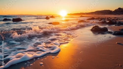 Beautiful beach sunrise with clear sky and sunlight