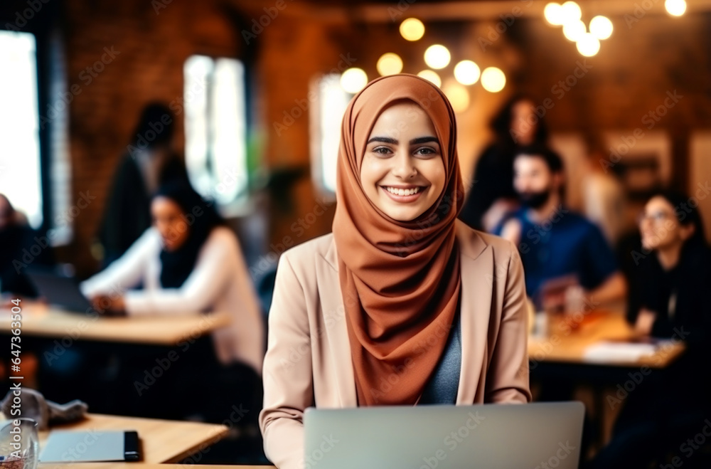 Attractive millennial Asian Muslim businesswoman or female office worker wearing hijab having an online meeting or webinar with her team, waving hand to greet her coworker. AI Generated Attractive millennial Asian Muslim businesswoman or female office worker wearing hijab having an online meeting or webinar with her team, waving hand to greet her coworker. AI Generated