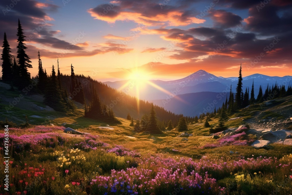 Beautiful sunrise over mountain meadow landscape. Generative AI