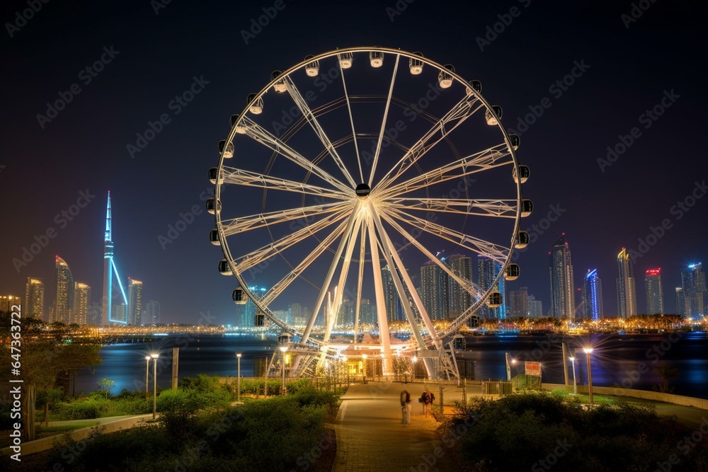 Ferris wheel on Bluewaters Island with Dubai skyline in the UAE. Generative AI