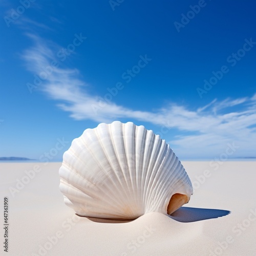 a minimalist image of a seashell on a pristine sandy beach