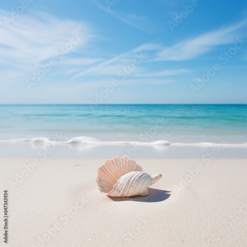 a minimalist image of a seashell on a pristine sandy beach