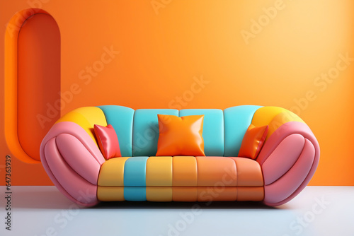 photo high quality colorful couch with pillows on a neutral background, in the style of retro-futuristic, vray tracing, pastel toned, cute and colorful