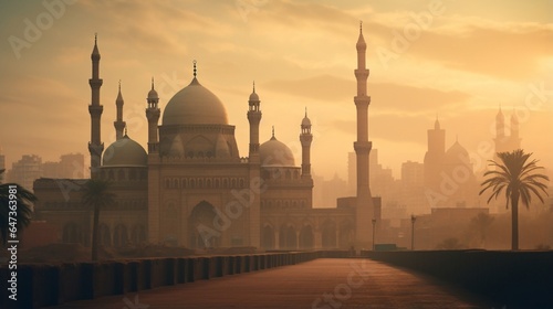 a minimalist yet captivating portrayal of the Cairo Citadel's Sultan Hassan Mosque-Madrasa in the fading light of day
