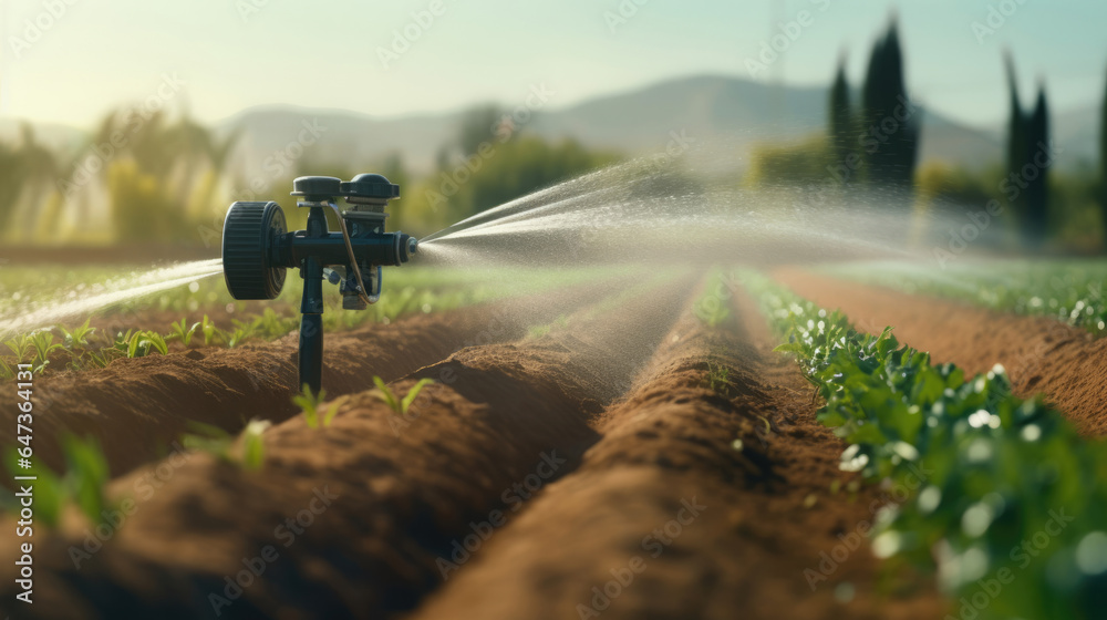 A smart irrigation system adjusting water usage based on weather conditions and soil moisture - obrazy, fototapety, plakaty 
