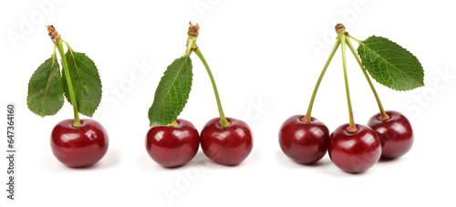 Collection of cherries with green leaf isolated on white background, side view. Extrem close-up.
