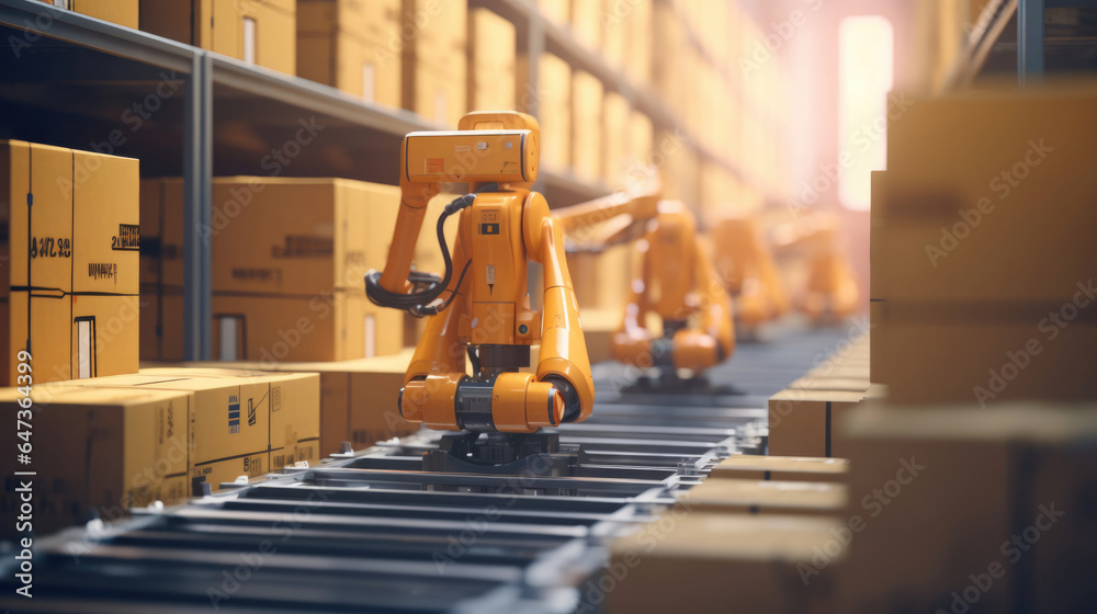 An automated warehouse with robots efficiently sorting and packing products for shipment An automated warehouse with robots efficiently sorting and packing products for shipment