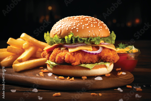 Fresh tasty chicken burger and french fries on the wooden table close up photo