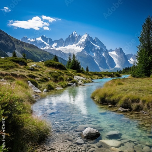 a picturesque summer day at Lac Blanc with Mont Blanc's snow-capped peaks glistening in the sunlight