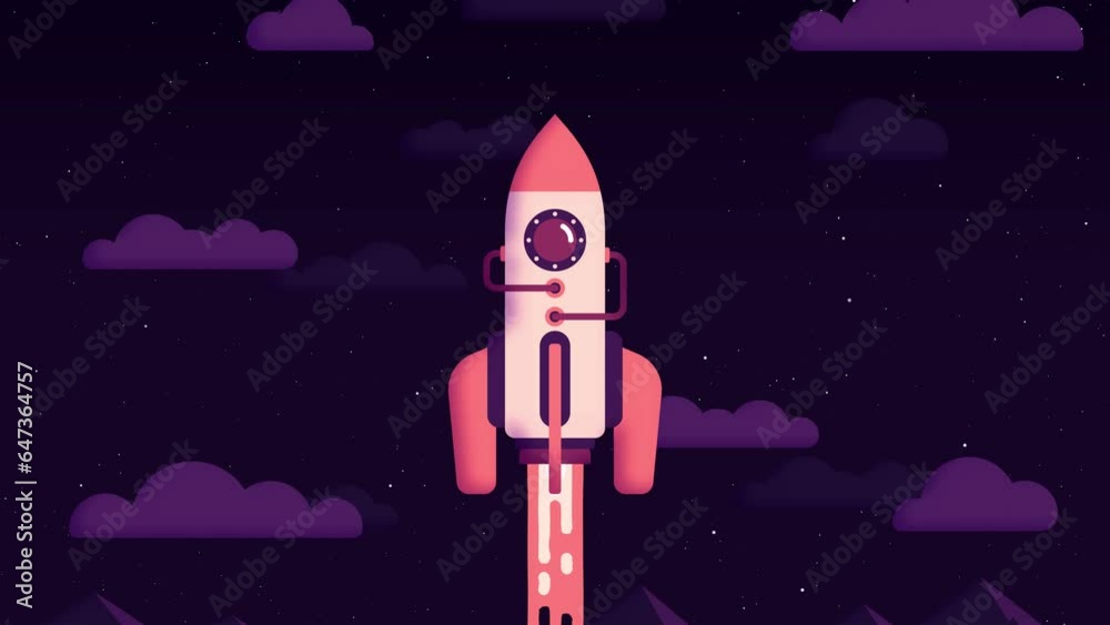 Rocket ship launches from the earth into space against the backdrop of a mountain landscape - cartoon 2D animation in a modern style. Rocket ship launches from the earth into space against the backdrop of a mountain landscape - cartoon 2D animation in a modern style.