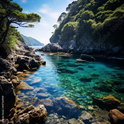 a rocky cove with clear blue water surrounded by lush greenery